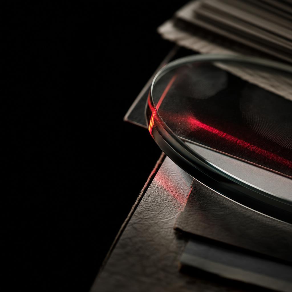 Optical glass examining layered archival materials under a precise red light