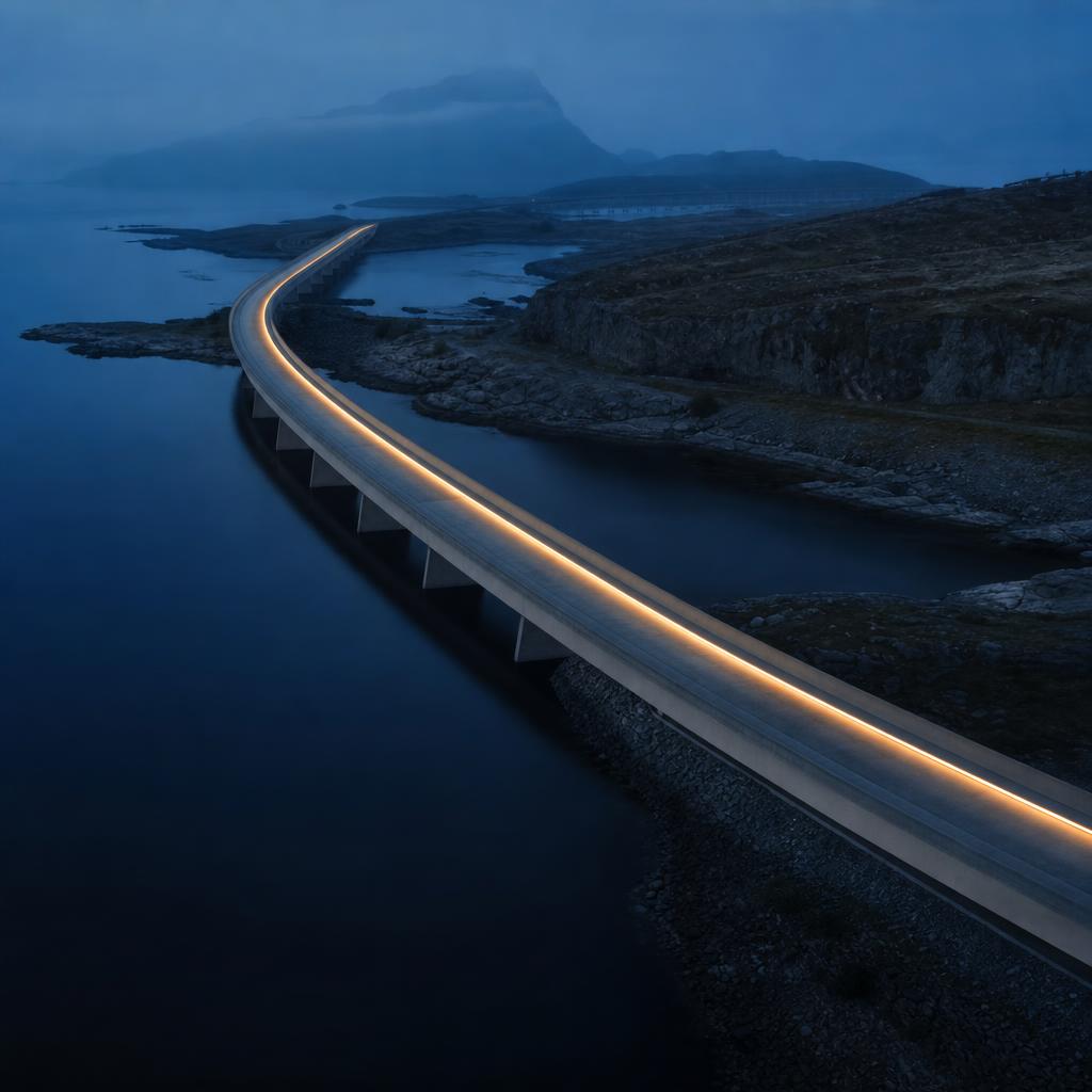 A monumental illuminated causeway crossing a remote coastal landscape at blue hour