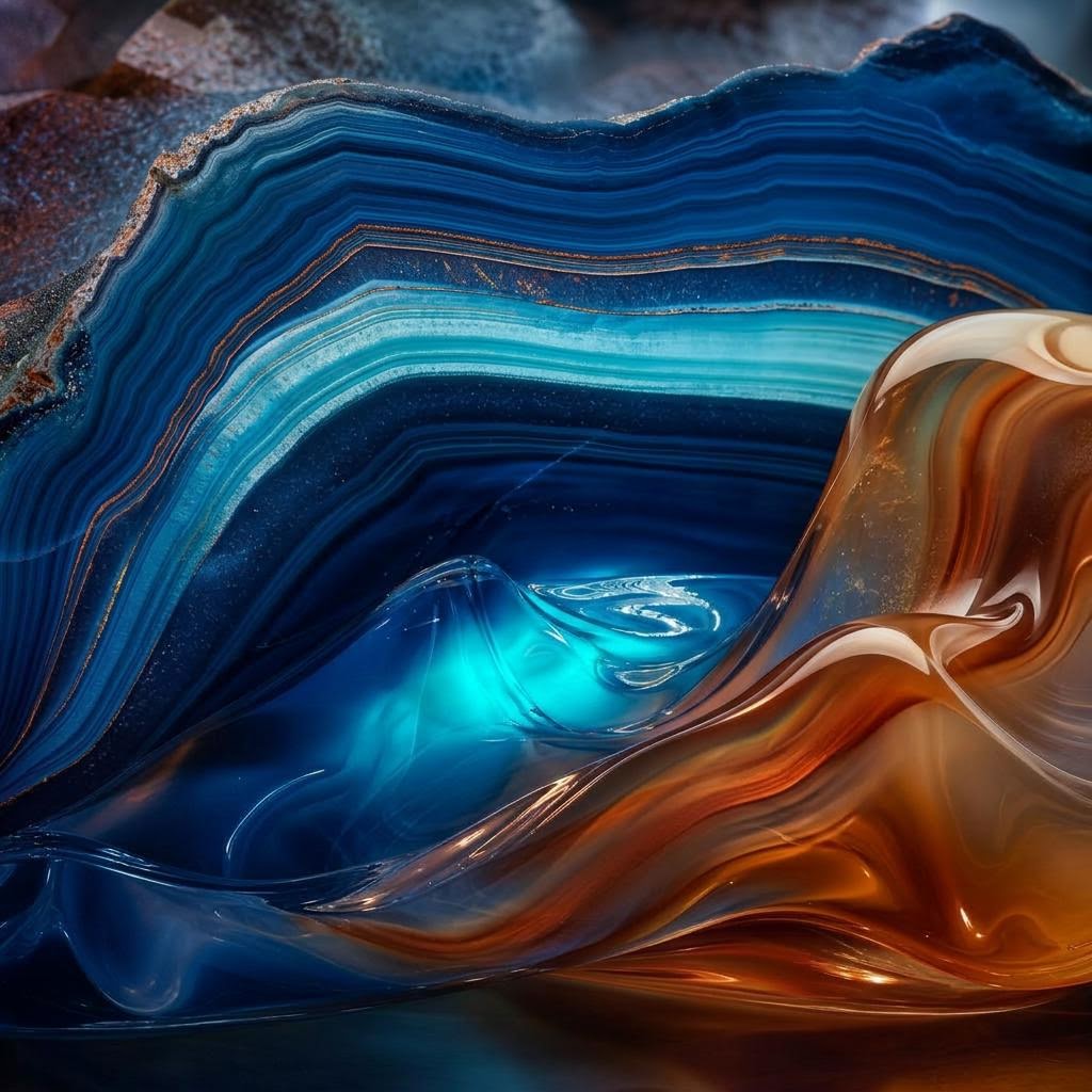 Abstract conceptual artwork with deep blues and burnt orange