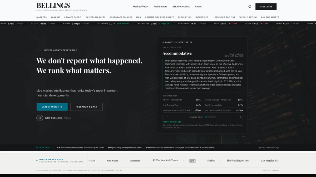 BELLINGS News homepage featuring ranked financial intelligence and a live market brief