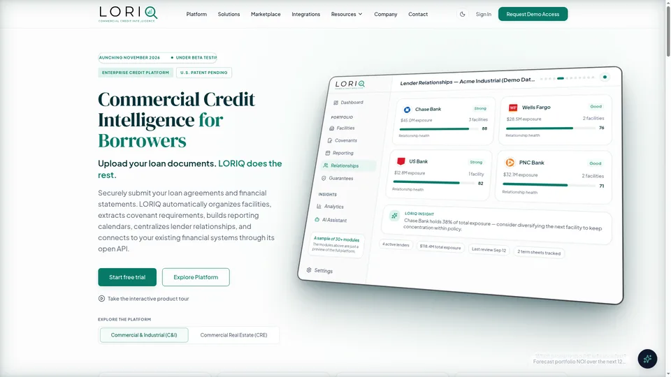 LORIQ.ai website hero showing lender relationships with major banks in the Commercial Credit Intelligence platform