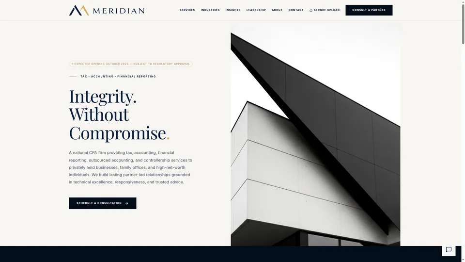 Meridian CPAs website hero featuring the message Integrity Without Compromise