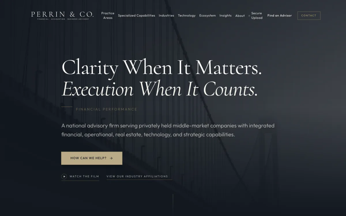 Perrin & Co. website hero featuring the message Clarity When It Matters