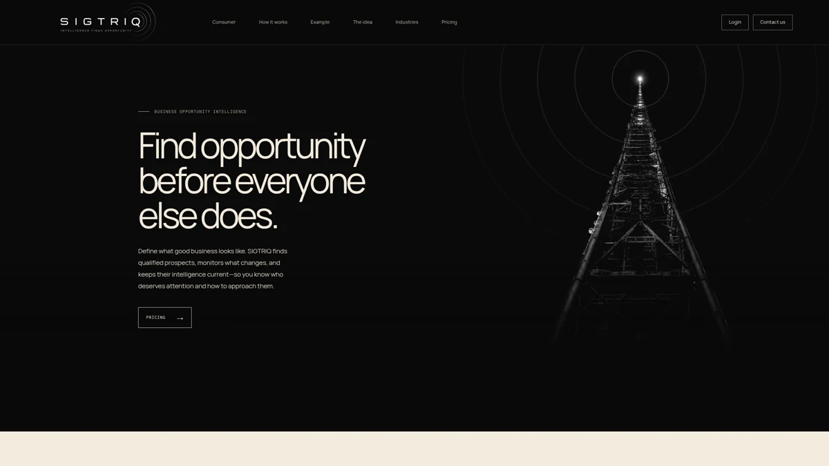SIGTRIQ Business website featuring Find opportunity before everyone else does and an illuminated signal tower